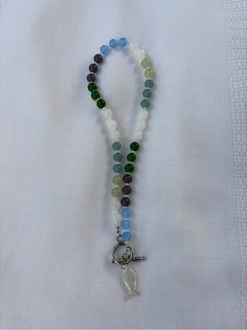 Opaque Blue, Green Beaded Necklace with Mother-of-Pearl Fish Charm 16.5 inches